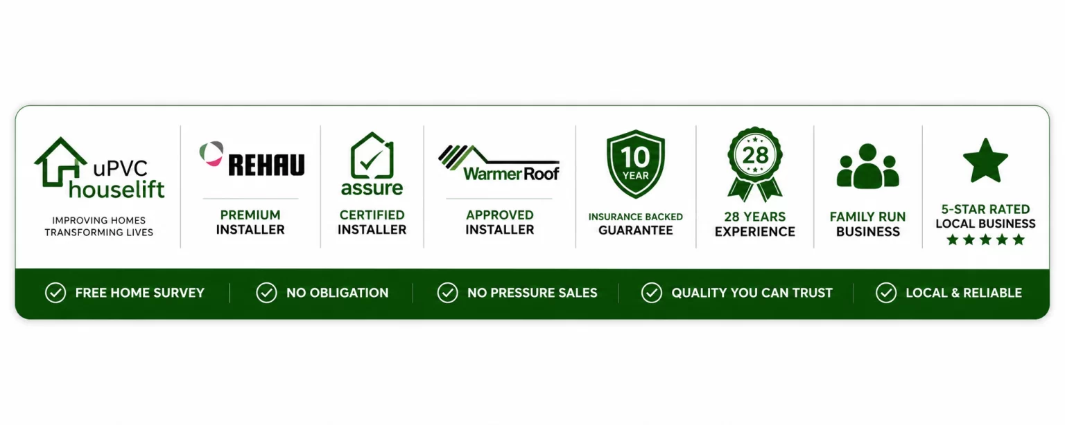 uPVC Houselift trust credentials including REHAU Assure Warmer Roof and guarantees