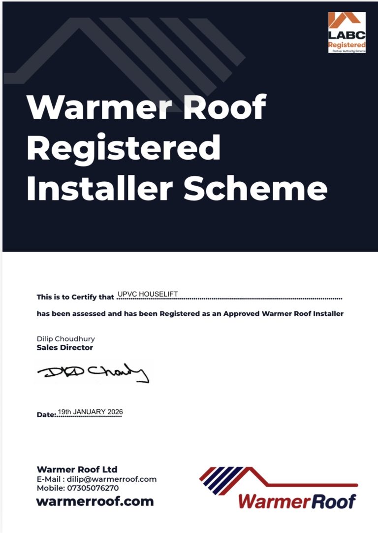 Warmer Roof Approved Installer certificate for uPVC Houselift in Cheslyn Hay