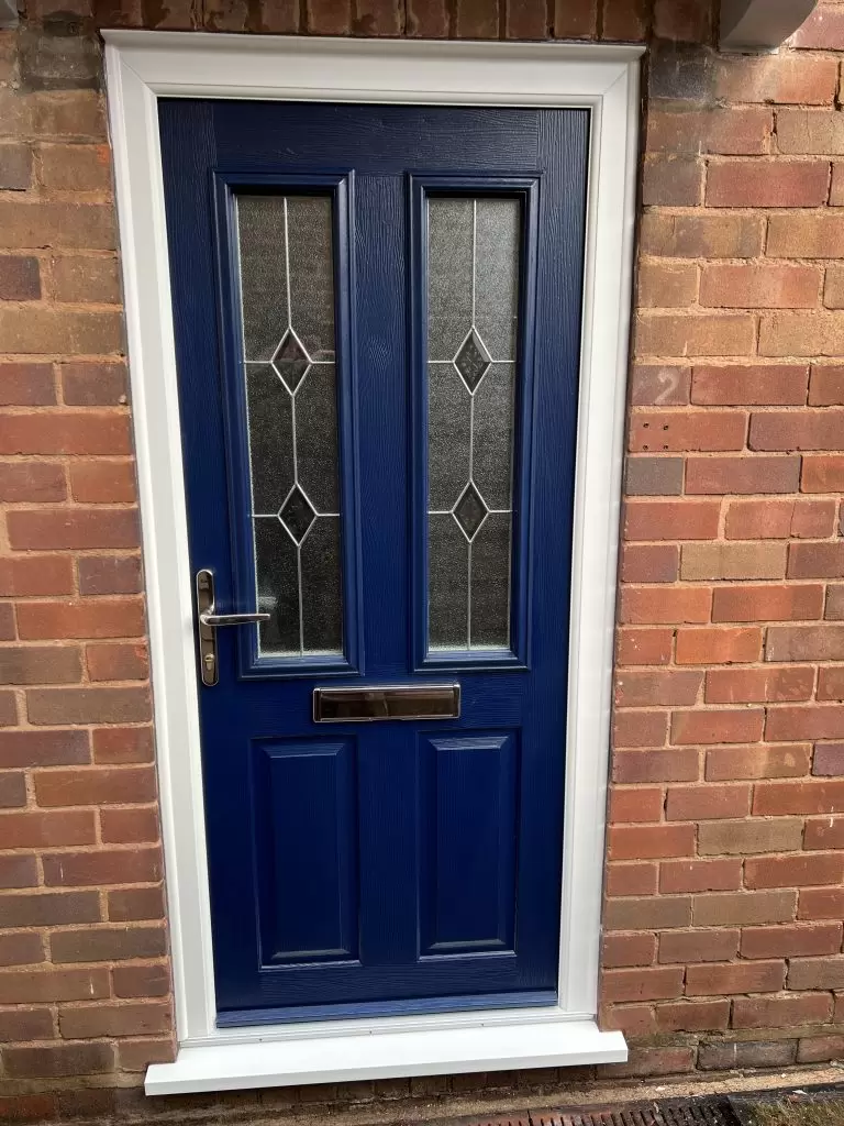 Blue composite entrance door fitted by uPVC Houselift in Codsall