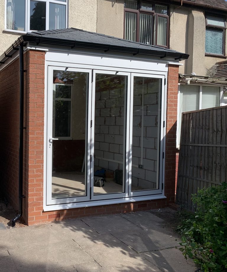 Aluminium bifold doors fitted to a Warmer Roof extension in Wolverhampton