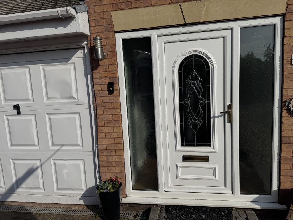 Original white front door and side frames before Rockdoor composite door installation in Highfields Park, Cheslyn Hay by uPVC Houselift