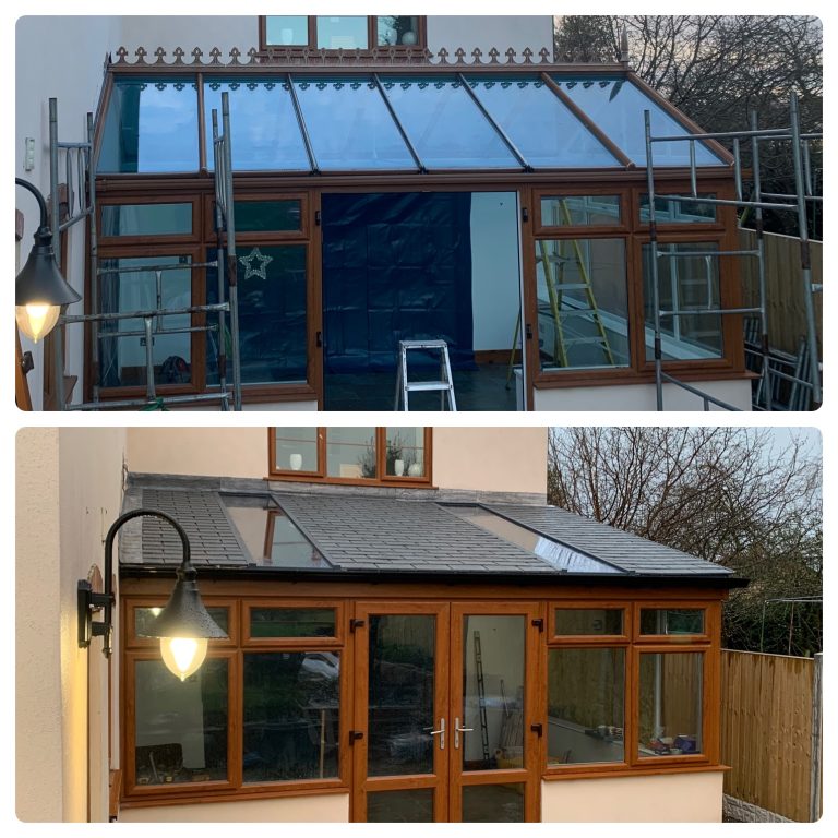Before and after conservatory roof replacment in penkridge by uPVC Houselift, Transforming an old glass roof into an insulated warm roof.