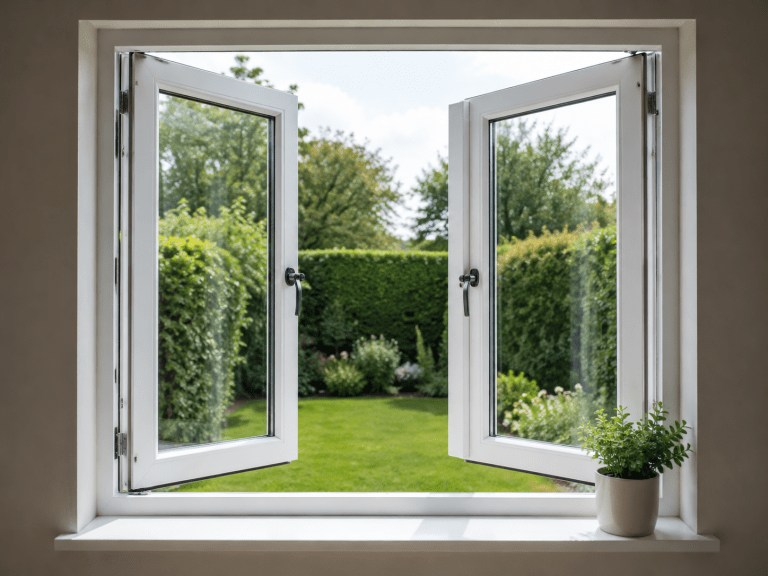 White uPVC French windows opened outward onto a garden