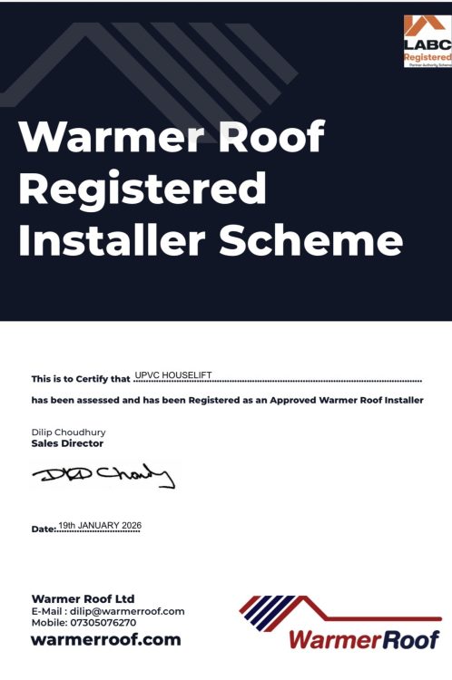 Warmer Roof Approved Installer certificate for uPVC Houselift in Cheslyn Hay